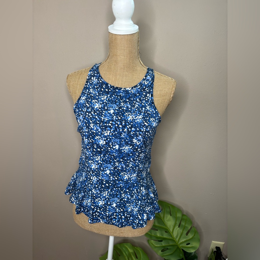 Abercrombie & Fitch Flounce Blouse Sleeveless Blue & White Top Back Buttons Sm